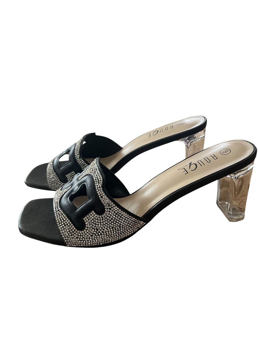 Rouge Black Crystal-Trim Slide Mules Heels Sz 9
